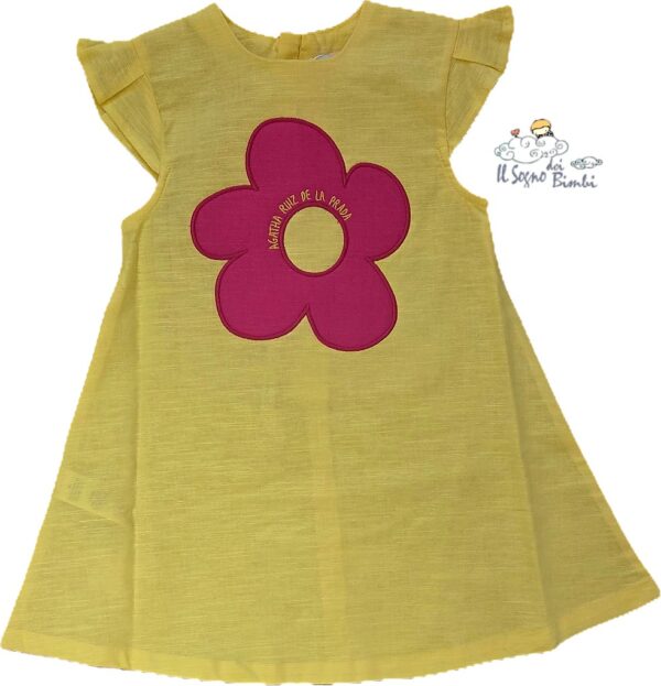 VESTITO LINO E COTONE GIALLO CON FIORE FUCSIA AGATHA RUIZ DE LA PRADA