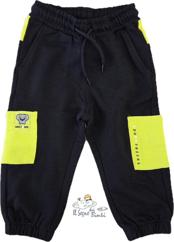 PANTALONE TUTA COTONE GARZATO  NERO E VERDE FLUO IDO