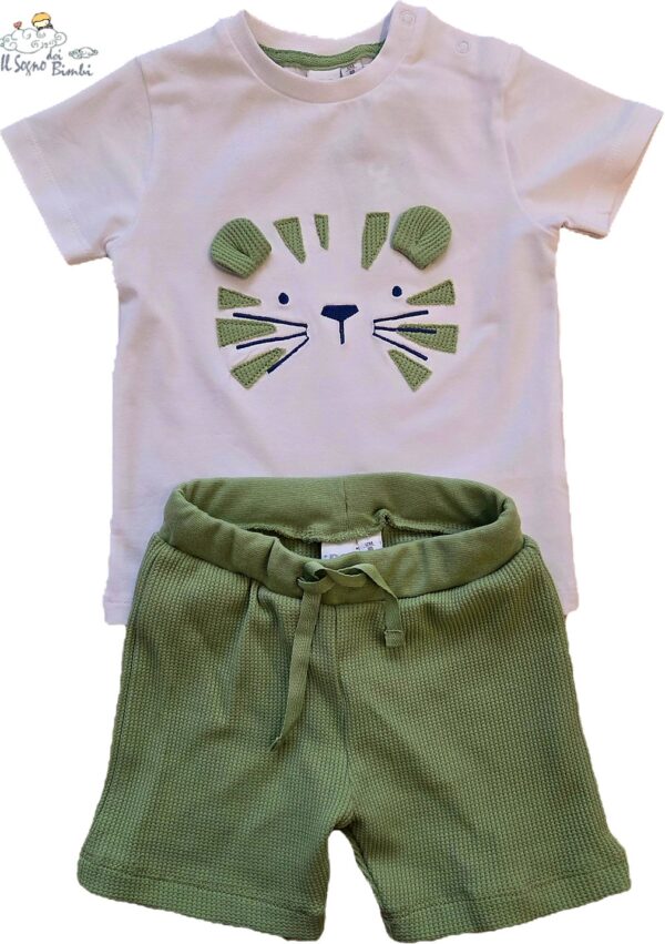 COMPLETO COTONE LEONCINO T-SHIRT BIANCA E PANTALONCINO VERDE IDO