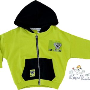 FELPA CON ZIP E CAPPUCCIO COTONE GARZATO VERDE FLUO E NERA IDO