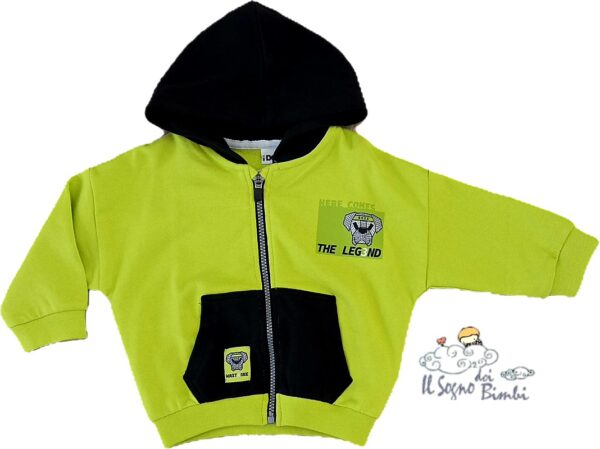 FELPA CON ZIP E CAPPUCCIO COTONE GARZATO VERDE FLUO E NERA IDO