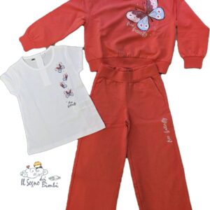 COMPLETO 3 PEZZI PANTALONE- T-SHIRT E FELLPA COTONE GARZATO CORALLO STAMPA FARFALLA IDO