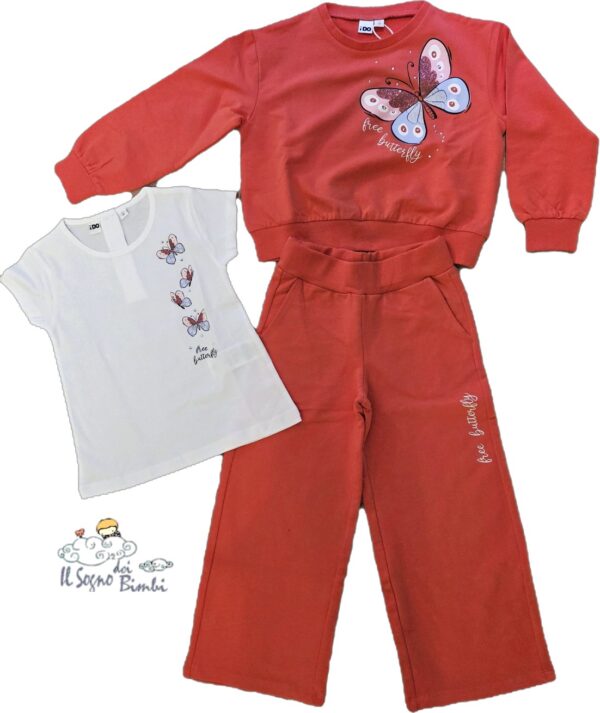 COMPLETO 3 PEZZI PANTALONE- T-SHIRT E FELLPA COTONE GARZATO CORALLO STAMPA FARFALLA IDO