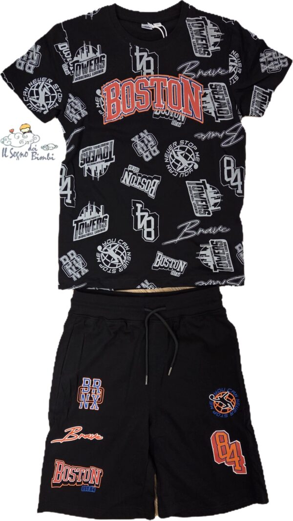 COMPETO T-SHIRT+BERMUDA COTONE NERO FANTASIA BOSTON IDO