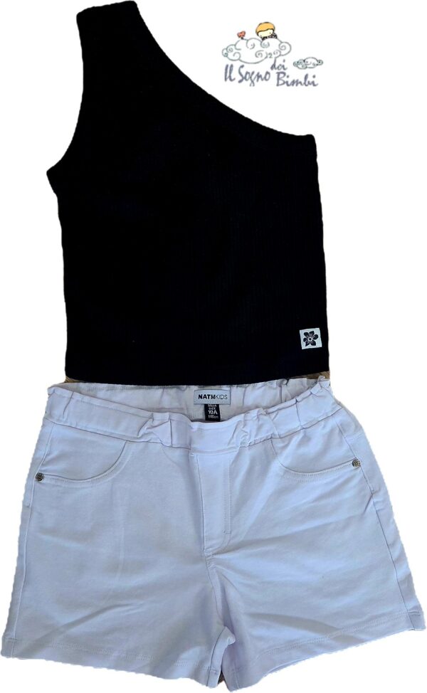 COMPLETO TOP MONOSPALLA NERO COSTINE E SHORT BIANCO NATHKIDS