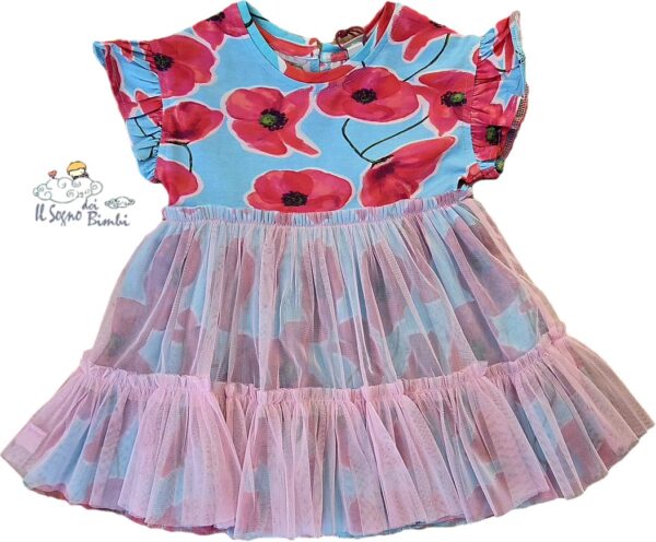 VESTITO COTONE E TULLE CELESTE E ROSA FIORI TUC TUC