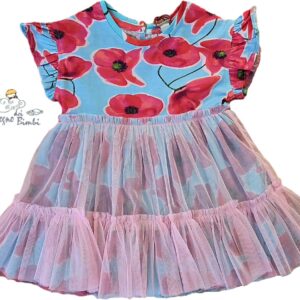 VESTITO COTONE E TULLE CELESTE E ROSA FIORI TUC TUC