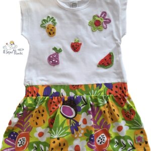 VESTITO  BIANCO CON RICAMI FRUTTA E STAMPA GONNA FRUTTA TUC TUC