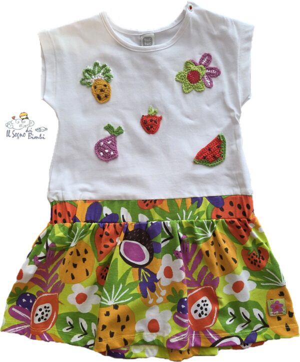VESTITO  BIANCO CON RICAMI FRUTTA E STAMPA GONNA FRUTTA TUC TUC