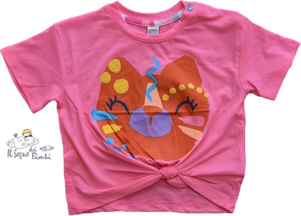 T-SHIRT FUCSIA CON NODO STAMPA GATTINA TUC TUC