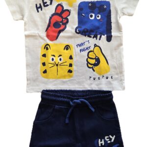 COMPLETO T-SHIRT PANTALONCINI BIANCO E BLU FANTASIA ANIMALI TUC TUC
