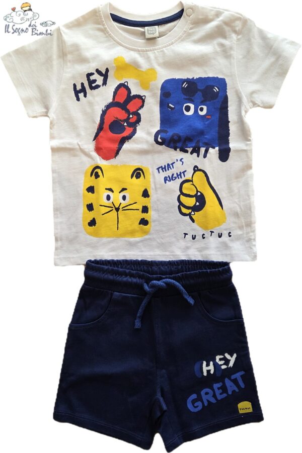 COMPLETO T-SHIRT PANTALONCINI BIANCO E BLU FANTASIA ANIMALI TUC TUC