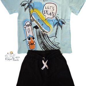 COMPLETO T-SHIRT PANTALONCINO CELESTE E NERO SKATE TUC TUC