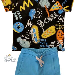 COMPLETO T-SHIRT E PANTALONCINI NERO CELESTE TUC TUC